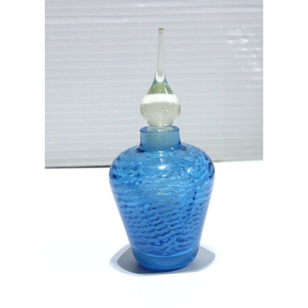 Vintage Blue Art Glass Perfume Bottle Stopper Hand Blown Swirl Design 6” MCM